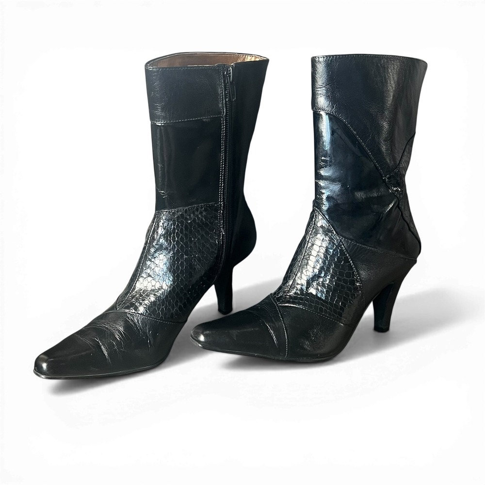 Bellini Women Snakeskin Leather Ankle‎ Boots Size 6 Black Heeled Zip Y2K